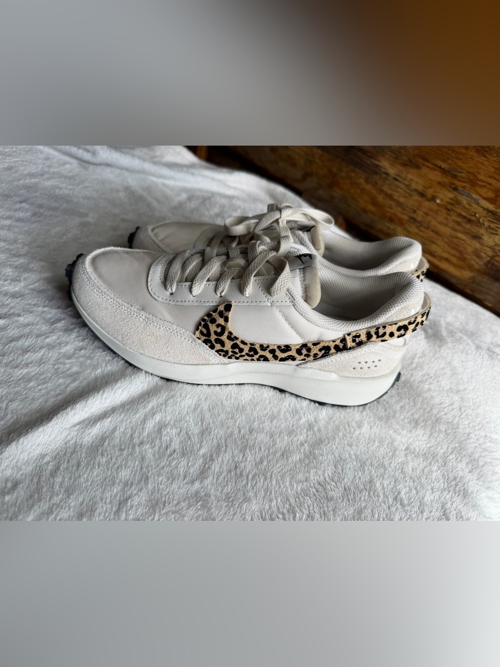Nike Women’s Cream/Beige Athletic Sneaker with Leopard Swoosh